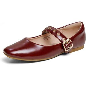 Women Angora Red Polyurethane (PU) Closed Toe Strap Buckle Ballerina Flats